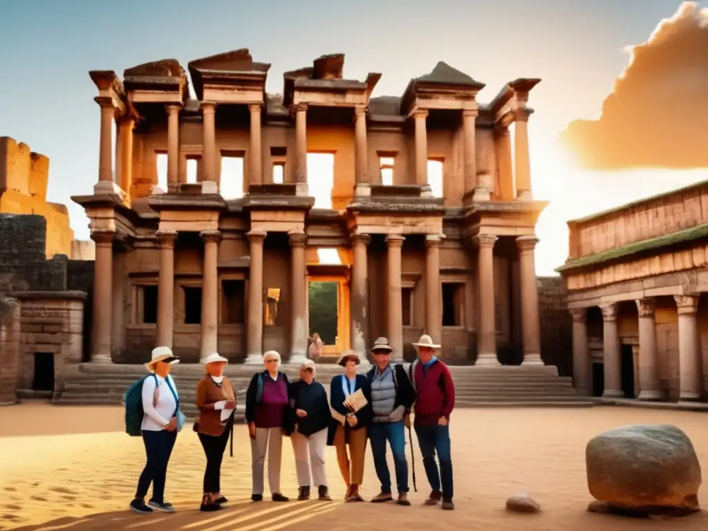 Grupo de viajeros mayores frente a ruina antigua Ruta histórica para seniors: grupo de viajeros frente a majestuina ruina en cálida luz dorada, transmitiendo aventura y descubrimiento