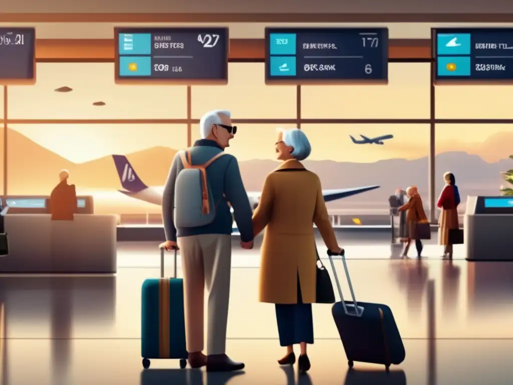Pareja mayor emocionada en el mostrador de check-in del aeropuerto Pareja mayor emocionada en mostrador de check-in, con documentación de viaje y equipaje etiquetado