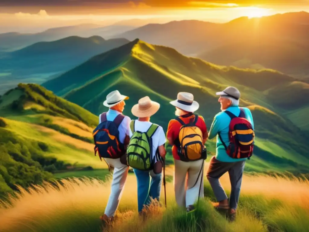 Grupo de mayores disfrutando de un paisaje impresionante Grupo de viajeros senior disfruta de paisaje cautivador, transmitiendo espíritu de aventura y consejos viajes senior económicos
