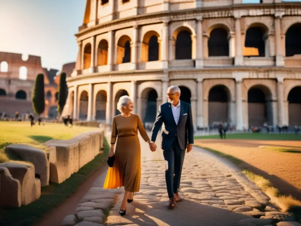 Pareja de ancianos en el Coliseo de Roma Una pareja senior frente al Coliseo en Roma durante la hora dorada