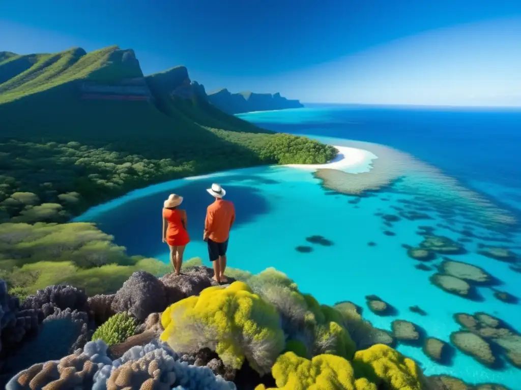 Pareja aventurera en acantilado del Gran Arrecife de Coral Pareja madura en acantilado del Gran Arrecife de Coral en Australia - Viajes seguros y enriquecedores en Oceanía
