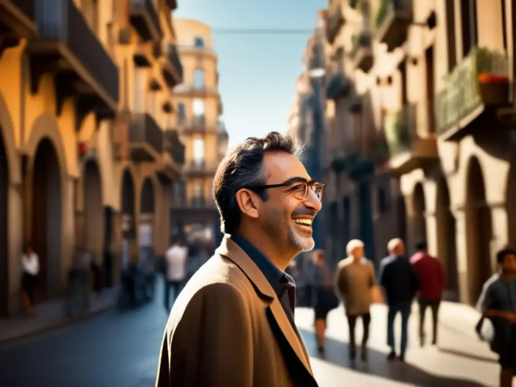 Transformación de Juan en Barcelona Viaje lingüístico adultos mayores en Barcelona, Juan habla español con confianza, rodeado de vibrante ciudad y arte callejero