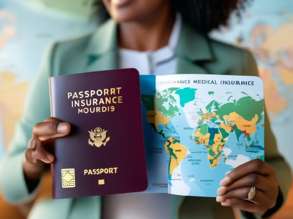 Preparando viaje médico con seguro Preparativos viaje médico seguros: persona sosteniendo pasaporte y tarjeta médica, frente a mapa mundial con destinos marcados