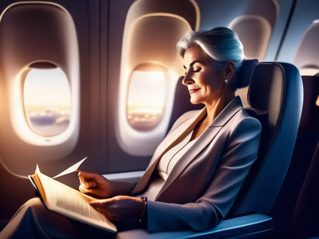 Viajero cómodo en asiento de avión Viajero en avión cómodo, leyendo sobre preparación de vuelos largos para viajes médicos