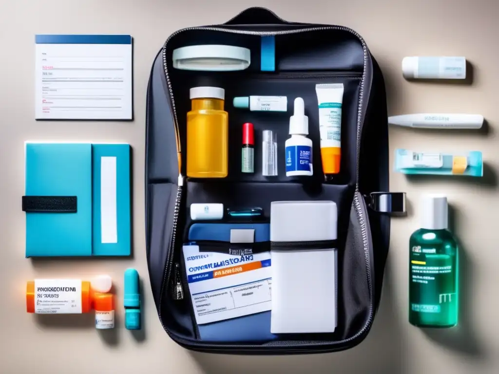 Bolsa de viaje organizada con medicamentos Consejos para viajar con medicación crónica: Bolsa de viaje moderna y organizada con medicamentos, bloc de notas y bolígrafo