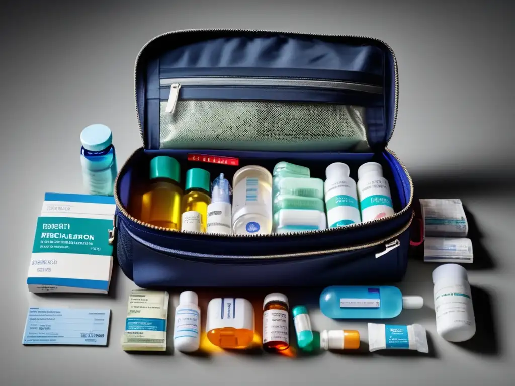 Bolso de viaje con medicamentos organizados Consejos para transportar medicamentos: imagen detallada de una bolsa de viaje moderna llena de botellas de pastillas y medicamentos recetados
