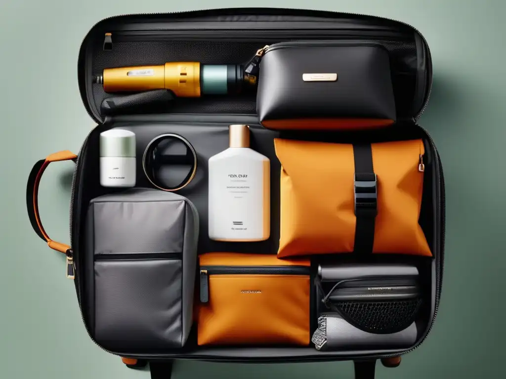 Bolsa de viaje organizada y eficiente Viajar con equipaje ligero: una imagen detallada de una maleta de viaje bien organizada en un fondo minimalista