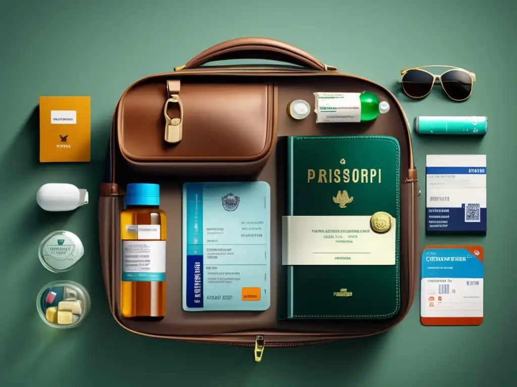 Bolsa de viaje organizada con medicamentos y documentos Bolso de viaje bien organizado con medicamentos etiquetados y documentos de viaje