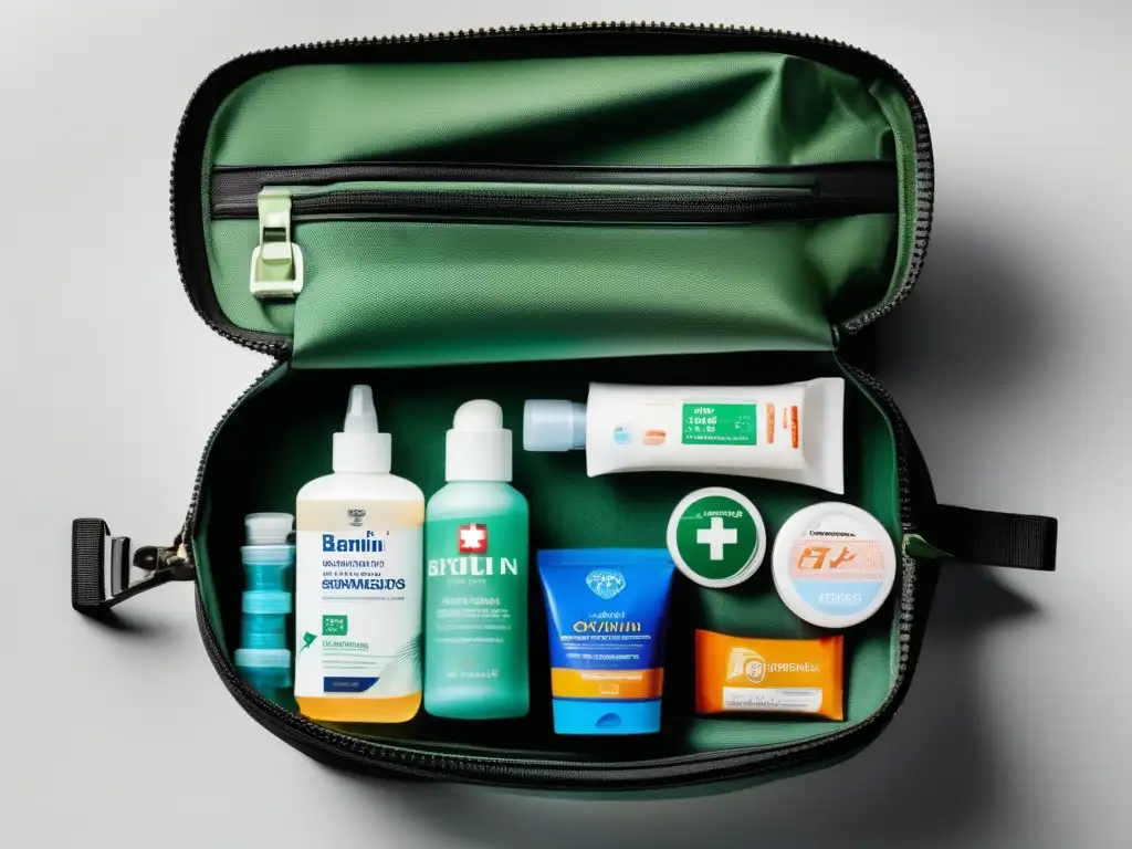 Bolsa de viaje organizada con artículos esenciales para viajero Elementos esenciales para viajero senior en una bolsa de viaje organizada y detallada