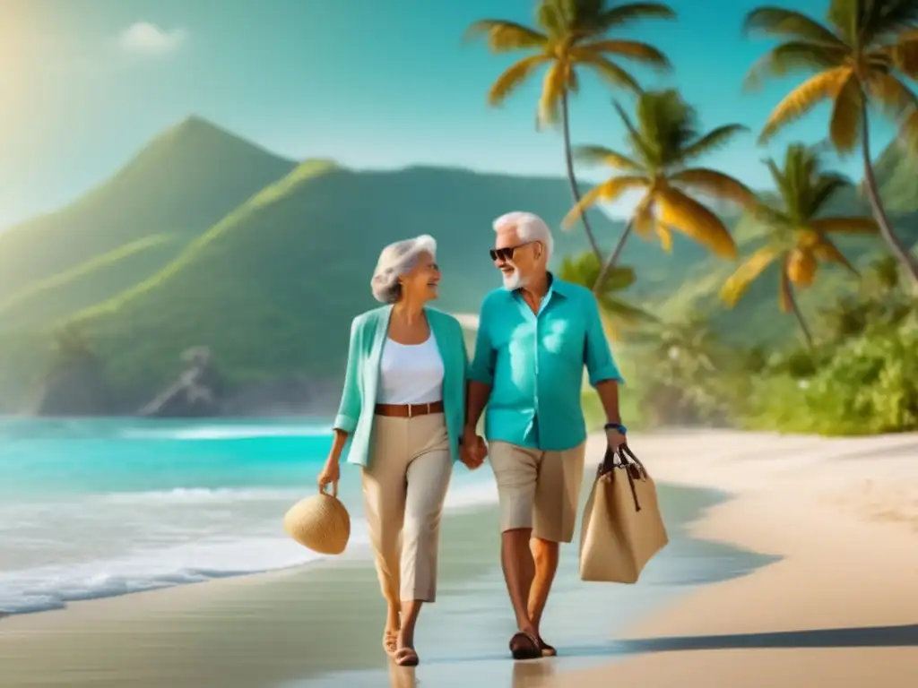 Pareja mayor disfrutando de la playa Pareja mayor elegante en playa turquesa con palmeras