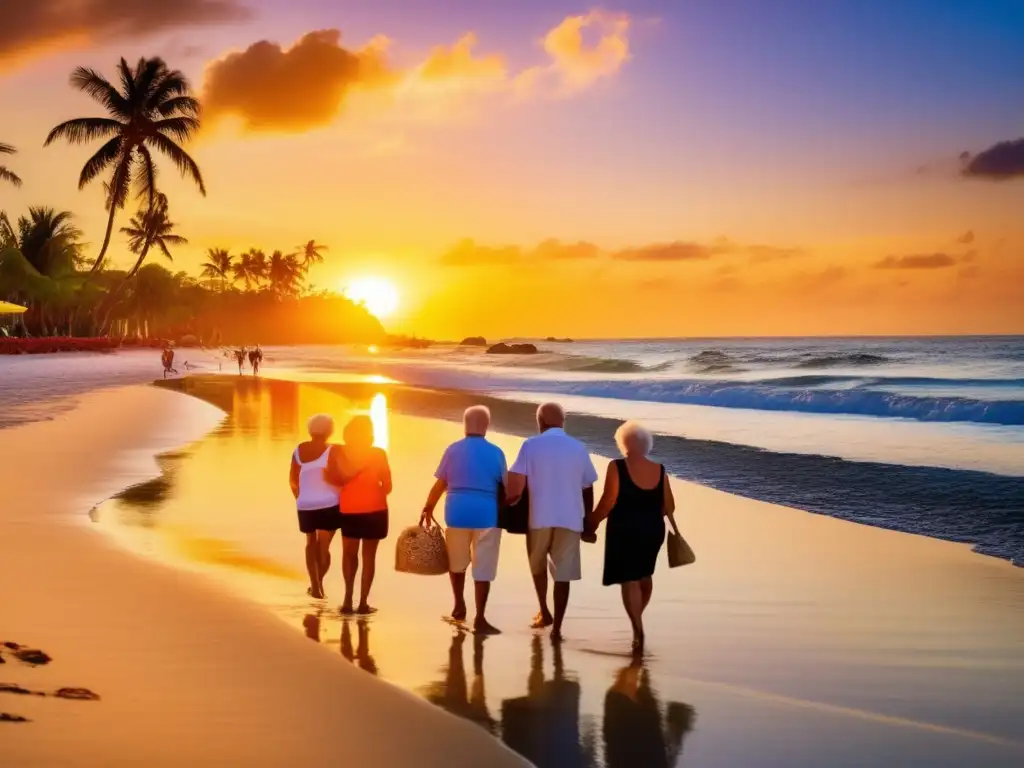 Serenos viajeros disfrutan de atardecer en la playa Grupo de viajeros seniors disfrutando de un atardecer en la playa - Visados para viajeros seniors