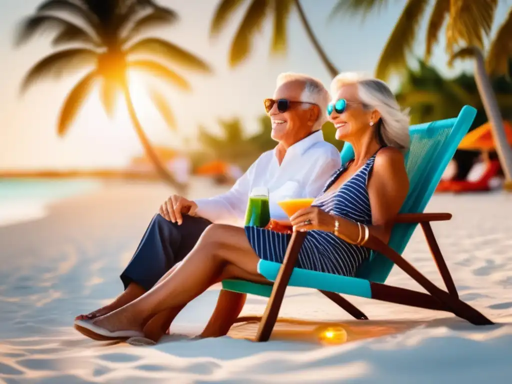 Pareja mayor disfrutando de la playa Estrategias económicas para viajeros seniors en una playa paradisíaca, con palmeras, agua turquesa y una pareja relajada