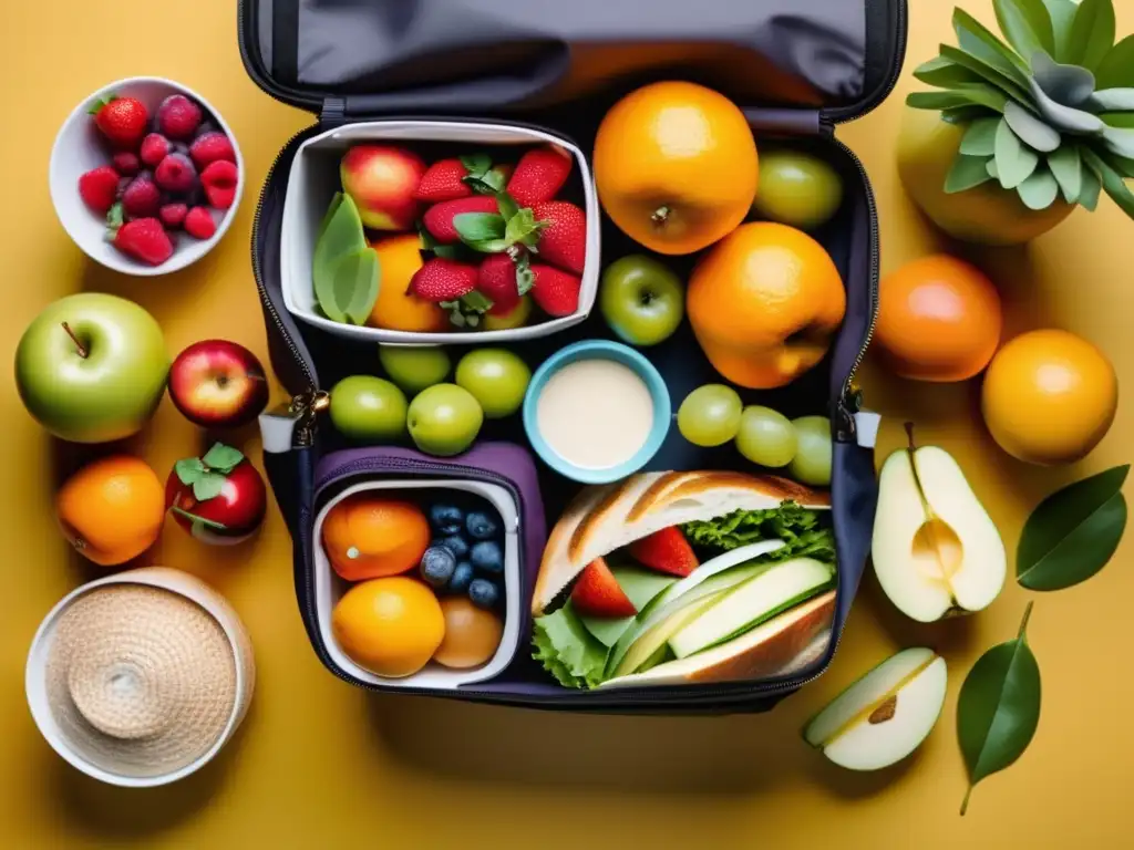Consejos para controlar tentaciones culinarias en viaje | Bolsa de viaje moderna y elegante con alimentos saludables y porciones controladas