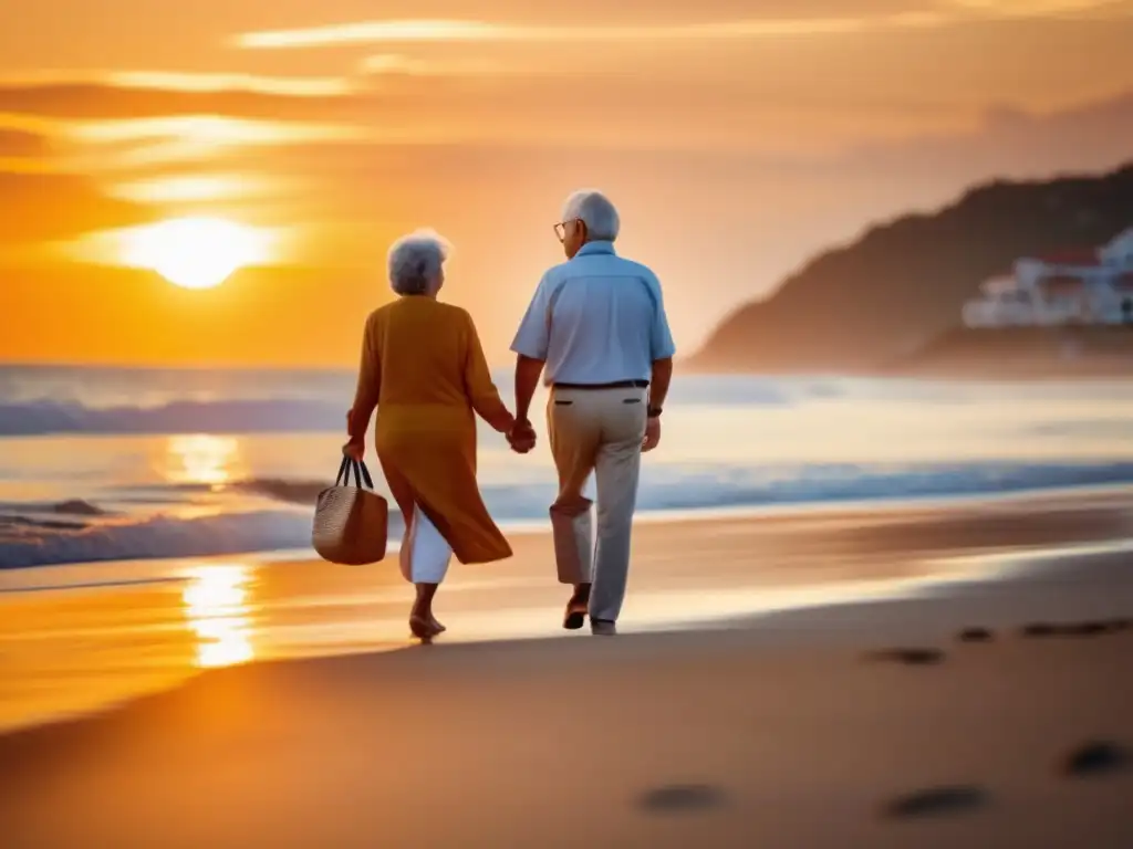 Pareja mayor disfrutando del viaje Cuidados viajes seniors salud: Pareja de ancianos felices caminan en la playa al atardecer, reflejando vitalidad y bienestar