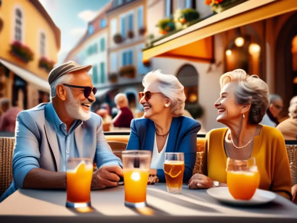 Grupo feliz de adultos mayores disfrutando de un viaje saludable Viajeros mayores disfrutan de una alimentación segura en un café al aire libre en Europa