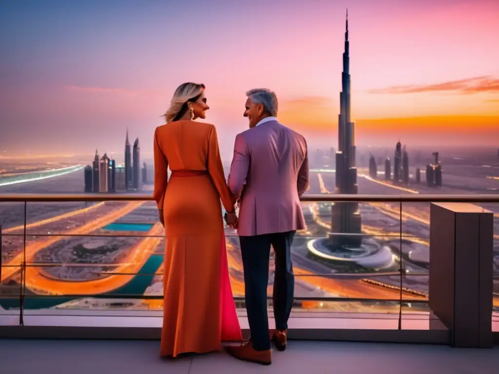 Pareja disfrutando de atardecer en Dubai Pareja disfrutando vista de Dubai al atardecer, viaje seguro en Medio Oriente