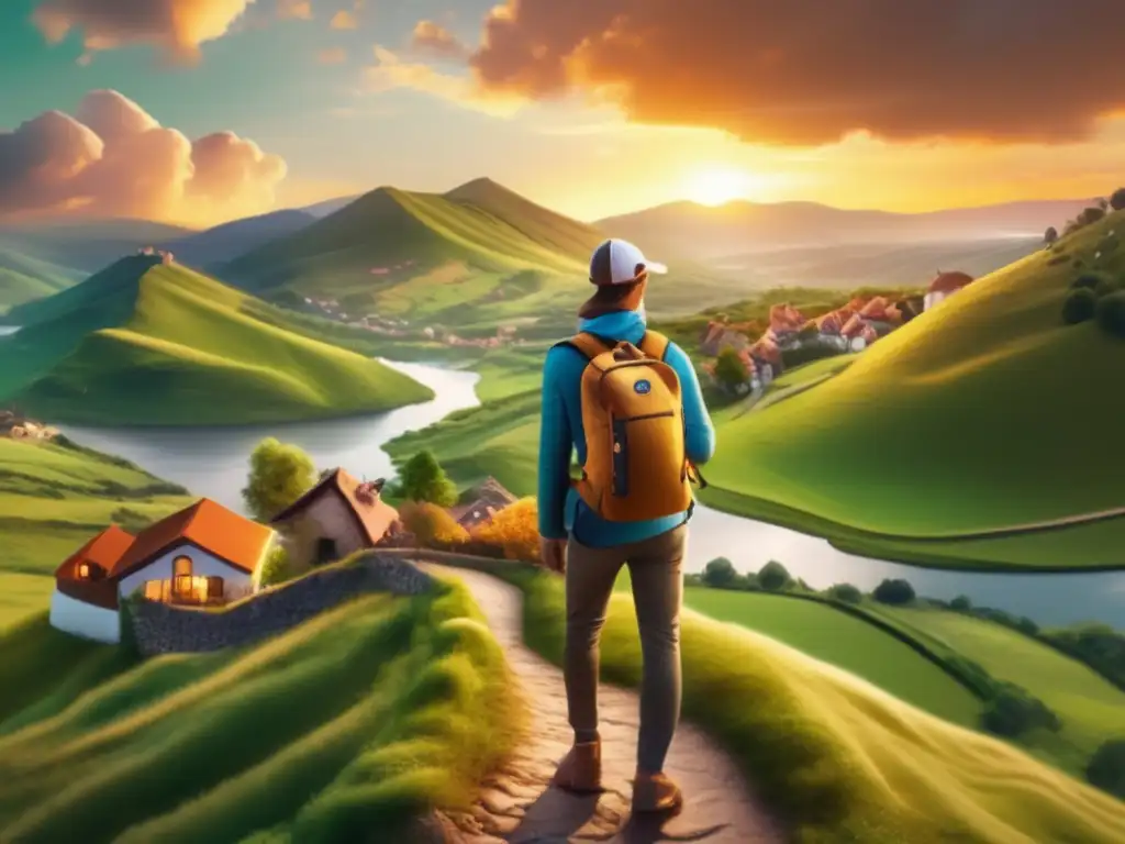 Viajero moderno en paisaje pintoresco Ruta herencia personalizada: Viajero moderno en colina con paisaje, smartphone y seguro de viaje