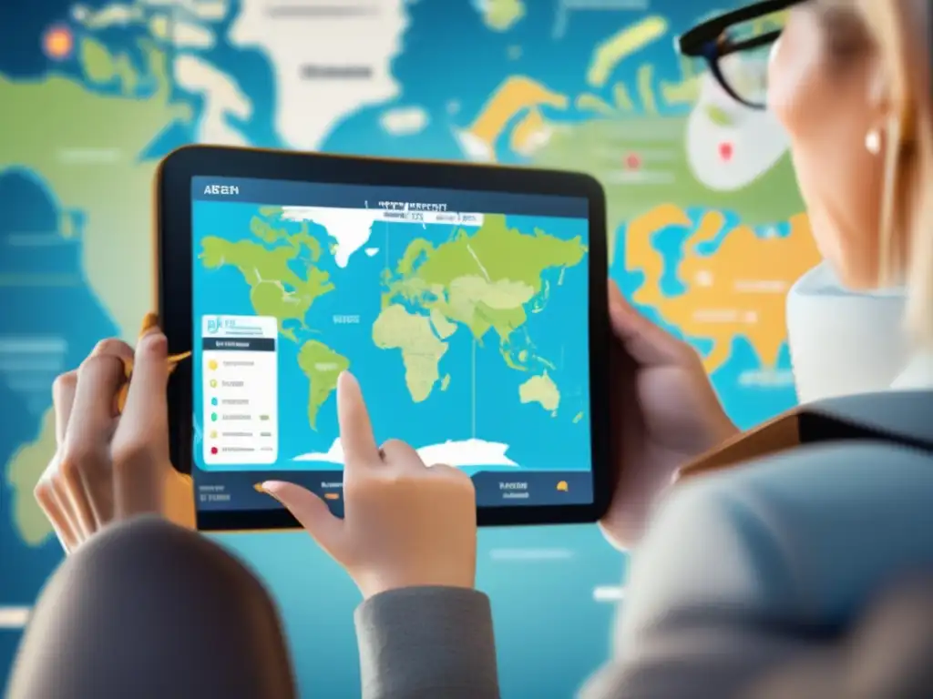 Viaje seguro para adultos mayores Un adulto mayor con maleta, mapa mundial en pantalla y dispositivo móvil, planificando viaje seguro para seniors