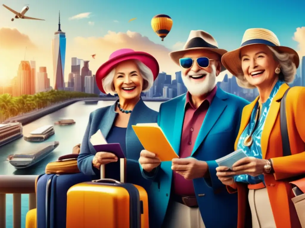 Seguro de viaje para adultos mayores Beneficios seguros viaje mayores: Grupo feliz en destino, con maletas, pasaportes y boletos, ciudad moderna al fondo