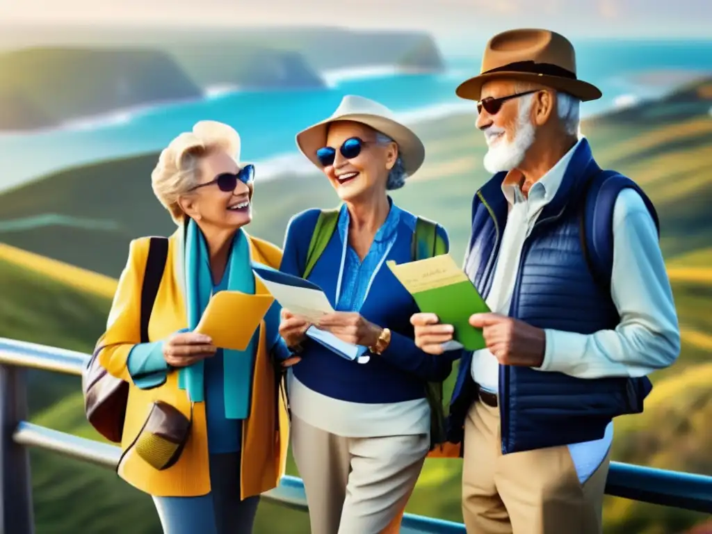 Viaje seguro y sin preocupaciones para adultos mayores Seguro de viaje para seniors: grupo de viajeros senior en un mirador con paisaje costero, exudando aventura y emoción