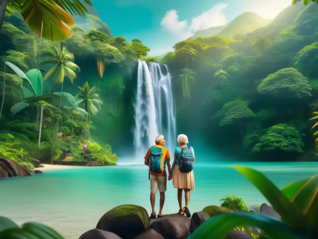 Pareja mayor disfrutando de una cascada impresionante Pareja mayor disfruta de la naturaleza tropical: Seguros de viaje para mayores