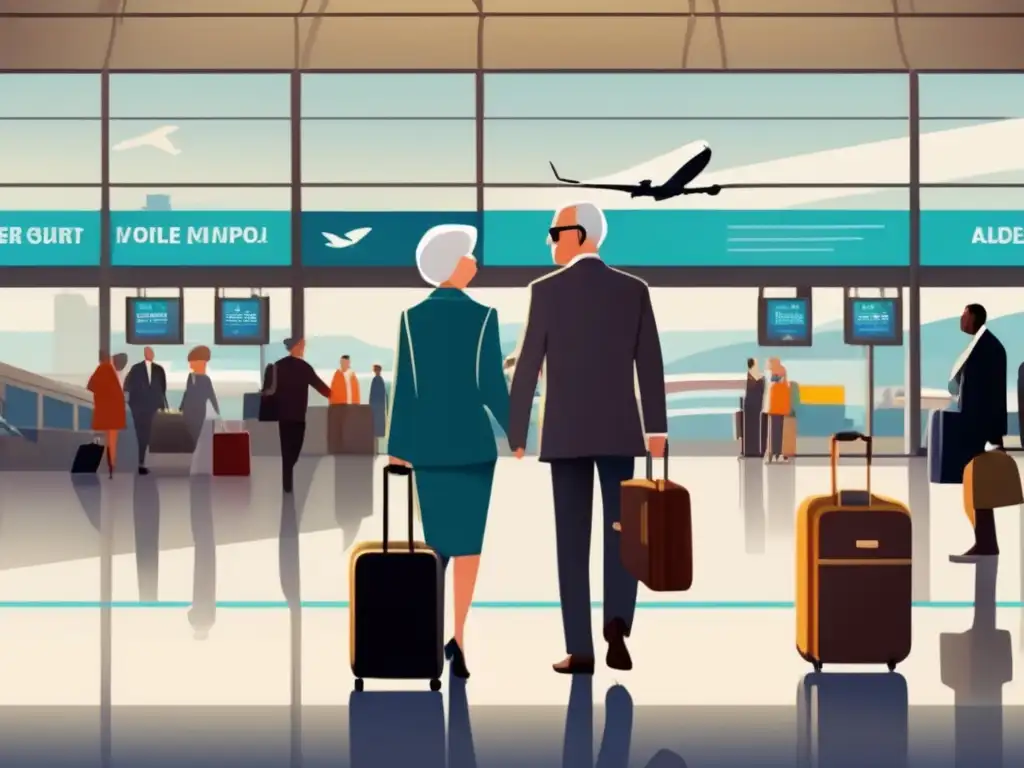 Pareja de ancianos emocionados en aeropuerto Pareja mayor emocionada en aeropuerto, elegantes y con equipaje, simbolizando coberturas de seguro de viaje para mayores