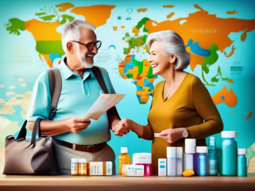 Pareja de ancianos sonrientes con mapa mundial y medicamentos Pareja de adultos mayores sonrientes con mapa y bolsa de viaje, rodeados de medicamentos