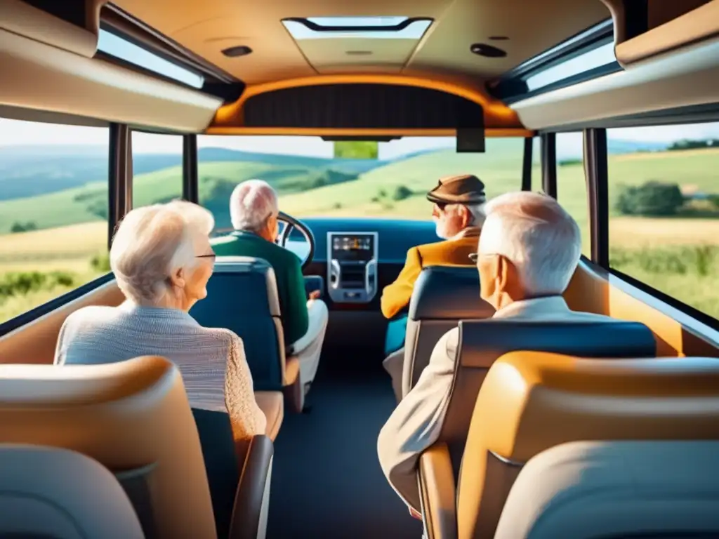 Viaje seguro y placentero para la tercera edad: grupo feliz de viajeros mayores en moderno bus turístico rodeado de hermoso paisaje