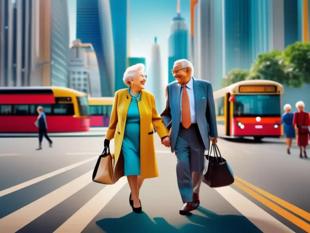 Viaje seguro para adultos mayores Consejos para viajes seguros en la tercera edad: Pareja de ancianos sonriendo y caminando en una ciudad moderna