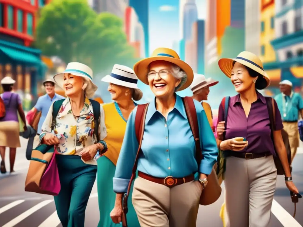 Viaje seguro para adultos mayores Consejos antirrobo para viajeros seniors en una vibrante ciudad durante el día