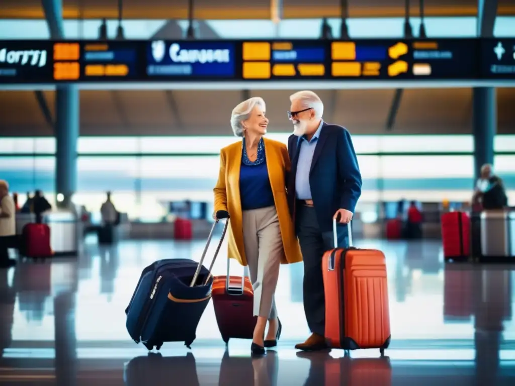 Pareja de mayores en aeropuerto con precauciones para viajes de temporada alta
