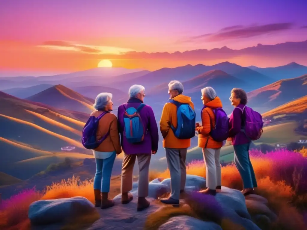 Viaje seguro y emocionante para adultos Estilo de viaje seguro para seniors: Grupo de viajeros maduros disfrutan de una puesta de sol en una montaña pintoresca