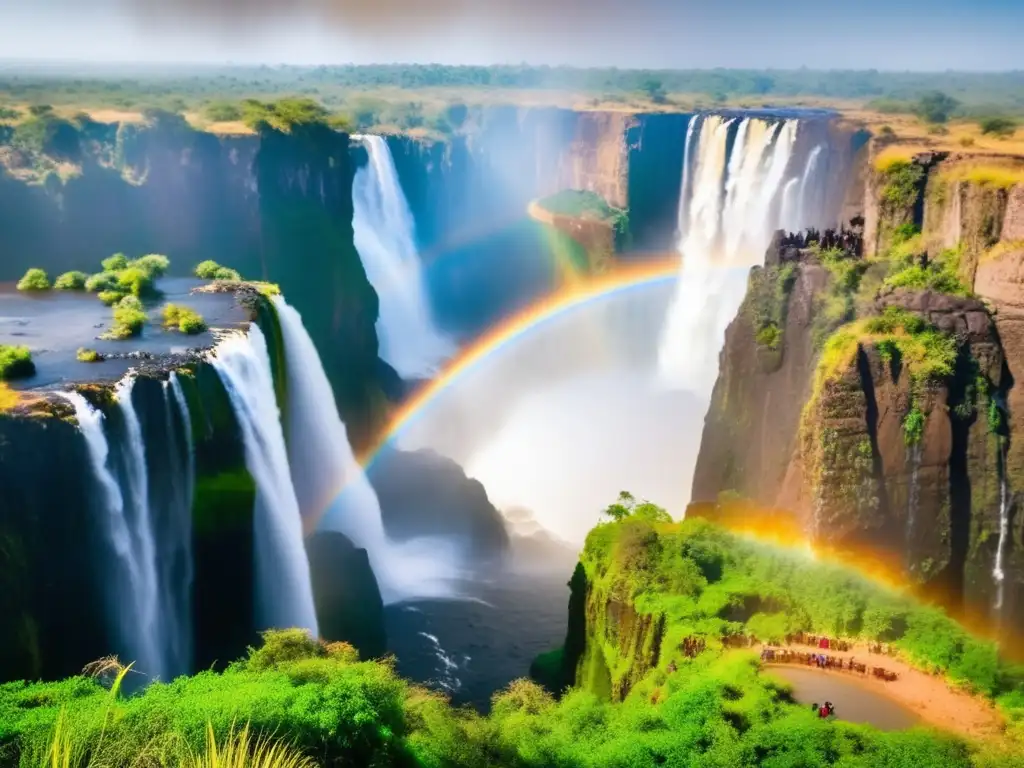 Aventura africana: Cataratas Victoria, Zambia Recomendaciones viajes seguros África seniors: Cascada Victoria en Zambia, aventura africana, arco iris y grupo de viajeros disfrutando del paisaje