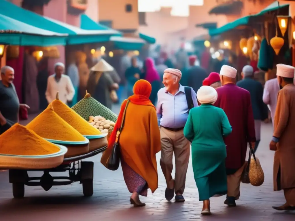 Viaje seguro y vibrante de seniors en Marrakech, Marruecos Recomendaciones viajes seguros África seniors: Explorando Marrakech, Marruecos, con colores vibrantes, interacciones locales y cultura rica