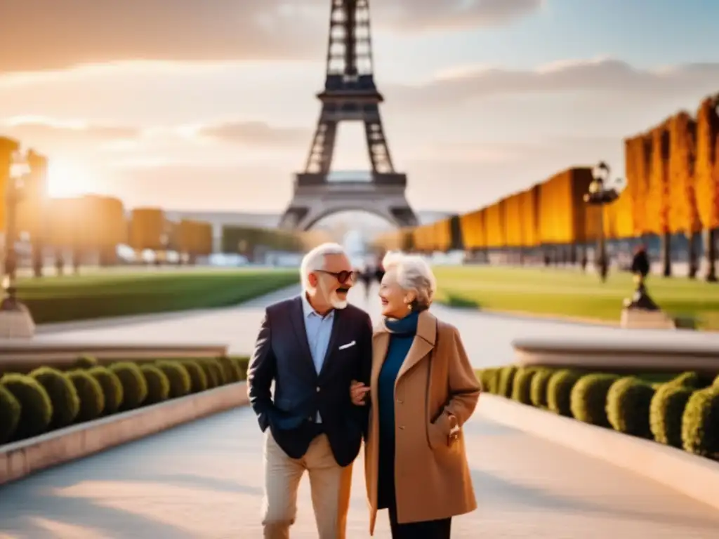 Pareja senior frente a la Torre Eiffel, transmitiendo aventura y emoción