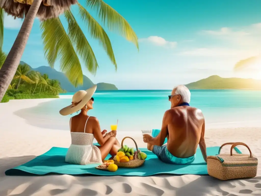Pareja senior disfrutando de picnic en la playa Importancia nutrición viajes seniors: Pareja mayor disfrutando picnic en playa, rodeados de naturaleza y frutas, resaltando hidratación