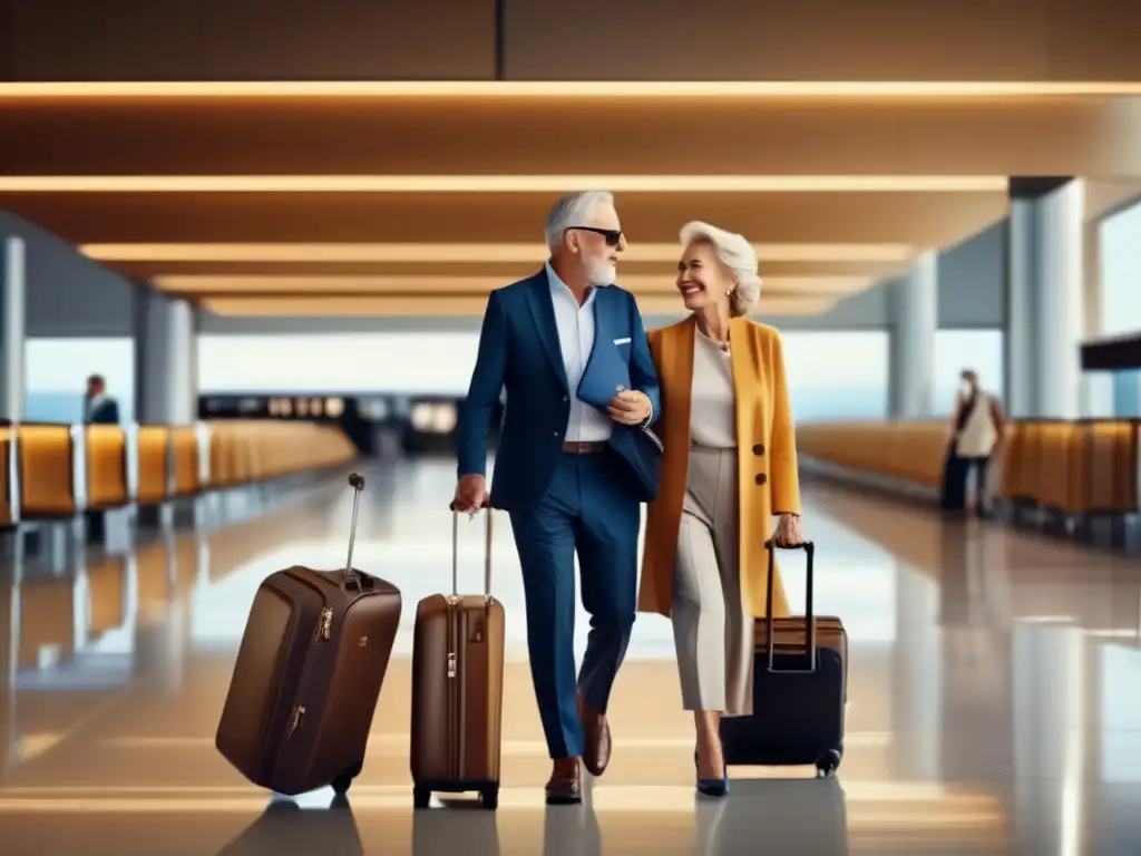 Pareja de adultos mayores con accesorios de viaje Accesorios de viaje senior: comodidad y seguridad