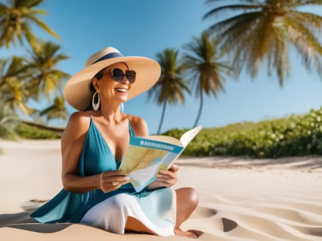 Mujer madura disfrutando de la playa y planificando su viaje Mujer madura disfrutando de la playa y viajando sola - Consejos de viaje para seniors solitarios