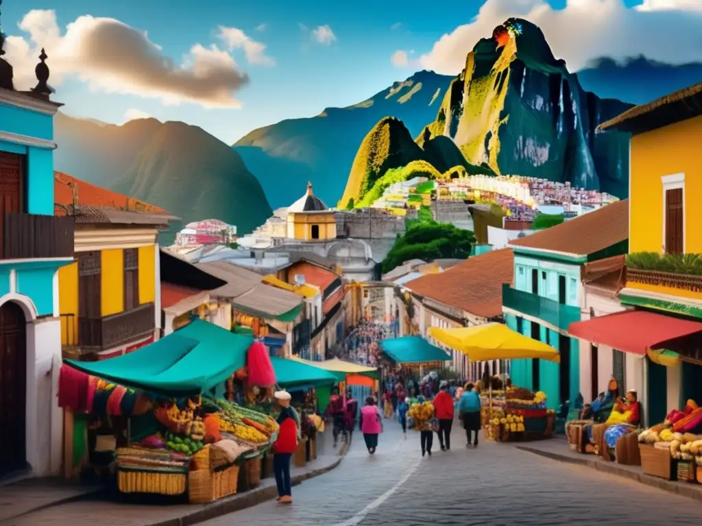 Calle vibrante en Sudamérica: viaje para adultos mayores Recomendaciones seguras para viajeros seniors América del Sur: vibrante calle llena de vida y cultura en una ciudad colorida de América del Sur-
