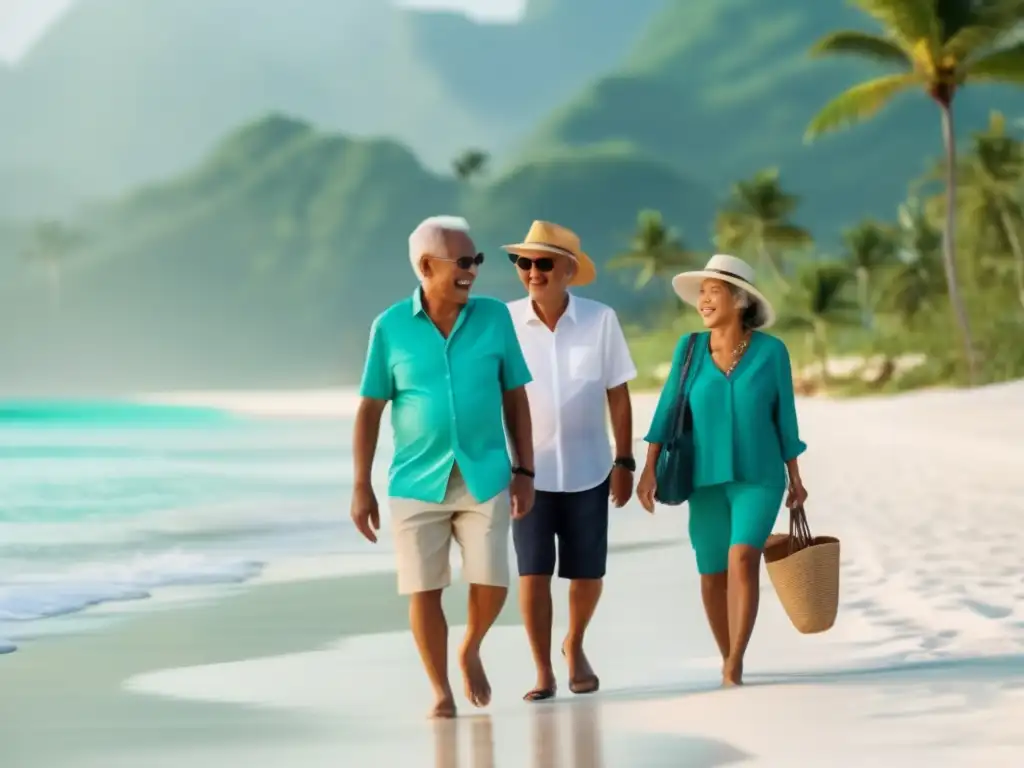 Viaje seguro y sereno para adultos mayores en playa del sudeste asiático Destinos seguros para seniors en el sudeste asiático: Grupo de viajeros mayores explorando paisajes serenos de una playa paradisíaca