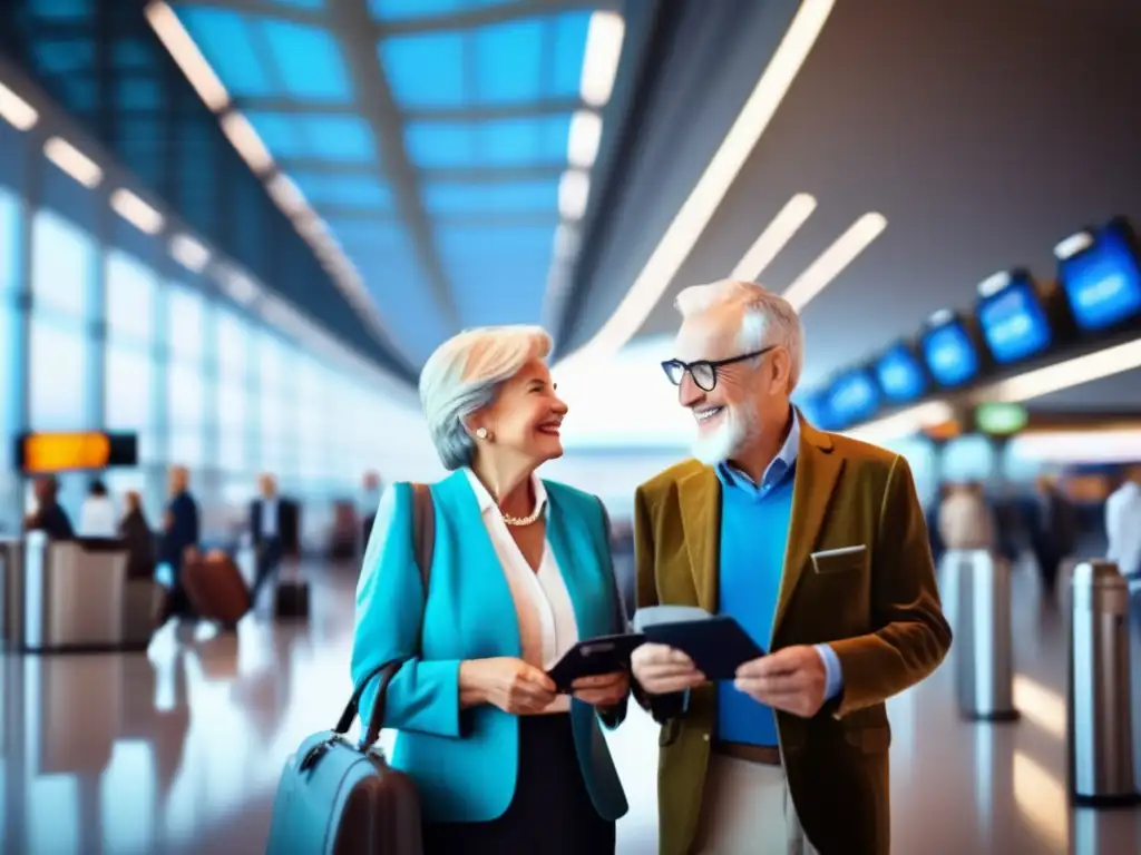 Pareja senior en terminal de aeropuerto con documentación y visados para viajeros seniors