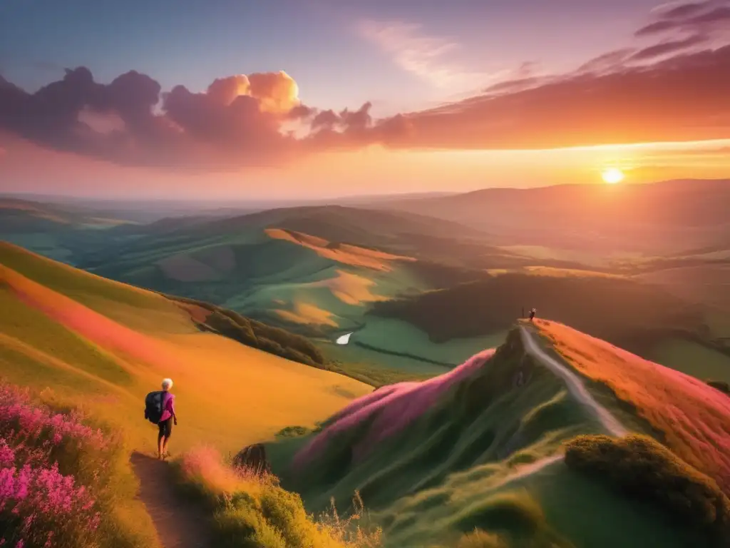 Paisaje de atardecer con viajero anciano en acantilado Paisaje vibrante al atardecer con viajero anciano en un acantilado