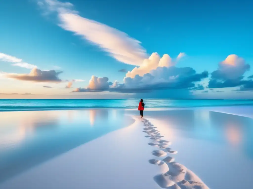 Viaje en solitario en la madurez Viajar solo en la madurez: imagen 8K de playa paradisíaca con figura solitaria mirando al horizonte