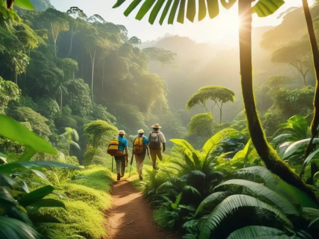 Aventureros mayores en viaje sostenible por la selva Viajes sostenibles para adultos mayores en una exuberante selva tropical