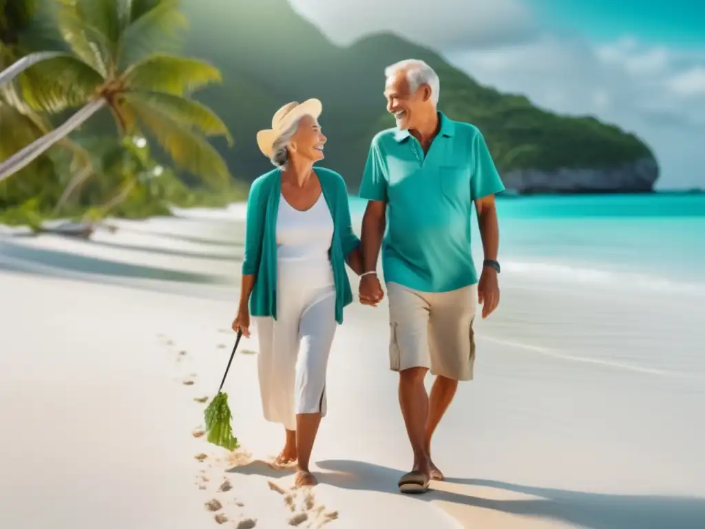 Viajes sostenibles personas mayores en playa paradisíaca, con sonrisas, ropa ecofriendly y artesanía local