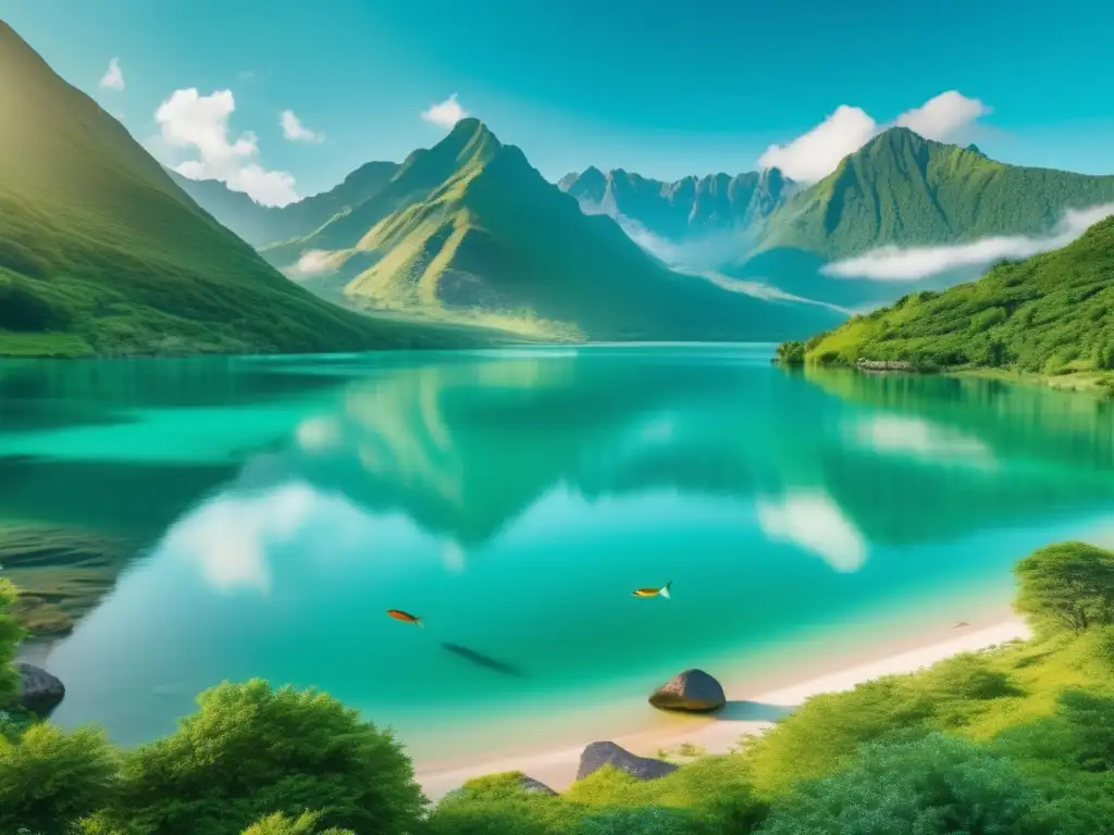 Paisaje sereno y sustentable con montañas verdes y lago turquesa Beneficios del turismo sostenible para viajeros maduros: paisaje sereno con montañas verdes, lago turquesa, actividades sostenibles