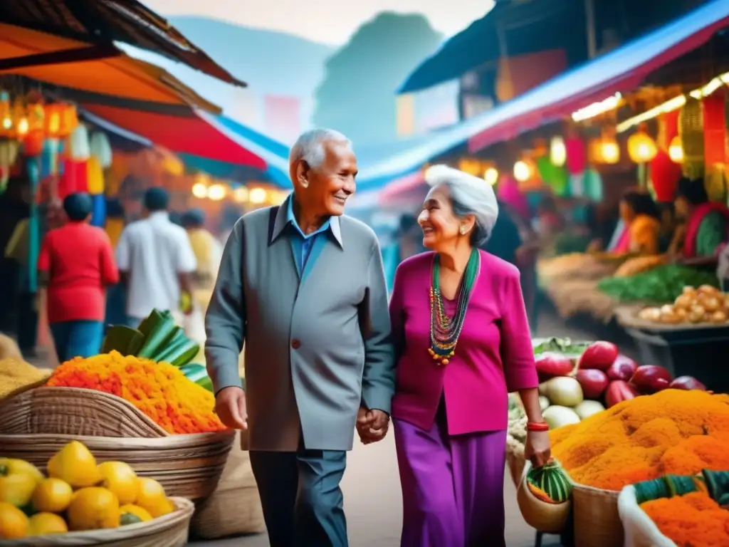 Pareja mayor disfrutando de viajes sostenibles y culturas locales vibrantes