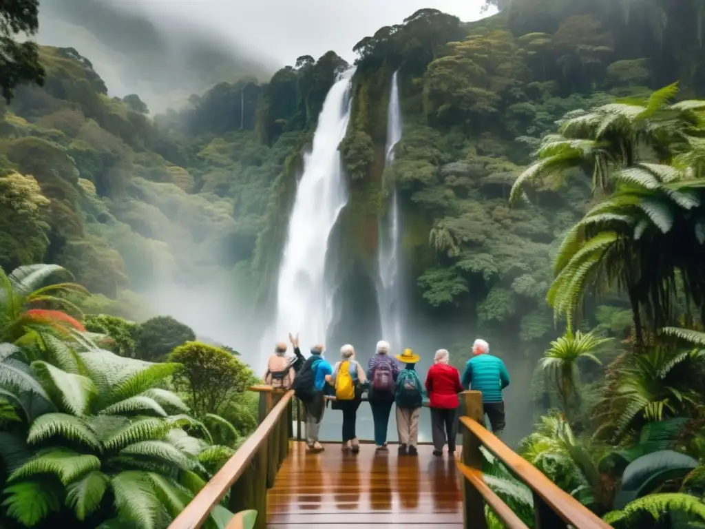 Ancianos admirando cascada en bosque de Nueva Zelanda Viajes ecológicos para personas mayores en Nueva Zelanda: Un grupo de viajeros mayores contempla una cascada en un bosque lluvioso rodeado de vegetación exuberante, con montañas nevadas al fondo