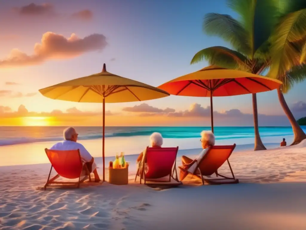 Planeación financiera para viajes de ensueño Planificación financiera viajes tercera edad en una playa paradisíaca con adultos mayores emocionados y documentos financieros