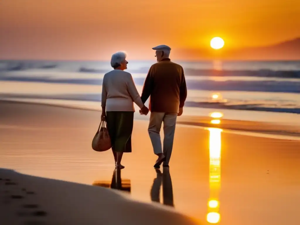 Pareja mayor disfrutando playa al atardecer Pareja de mayores disfrutando la playa al atardecer - Seguros de Viaje para Mayores